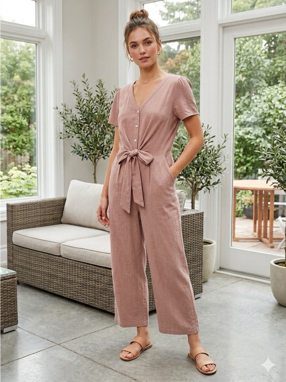MO:VINT Linen Blend Blush Pink Tie-Front Short Sleeve Jumpsuit Romper Size Large
